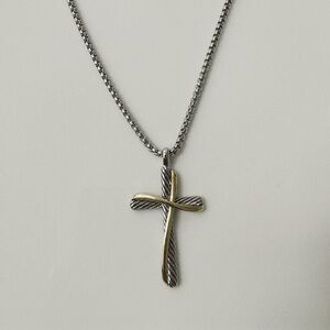 14K Gold Plated Two Tone Layered Cross Asymmetrical Pendant Necklace